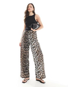 �x�����[�_ ���f�B�[�X �{�g���X �J�W���A���p���c ���C�h���b�O �v�����g �p���c Vero Moda Tall wide leg pull on pants in leopard print LEOPARD �A�j�}��