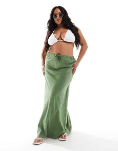 GC\X fB[X {gX XJ[g l }LV ASOS Curve ASOS DESIGN Curve linen look tie waist bias maxi skirt Khaki J[L