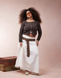 �G�C�\�X ���f�B�[�X �{�g���X �X�J�[�g �h�J �}�L�V ASOS Curve ASOS DESIGN Curve boho maxi skirt with embroidered hem white �z���C�g