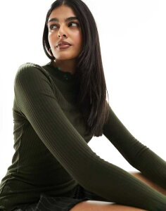 �I�����[ ���f�B�[�X �g�b�v�X T�V���c �n�C�l�b�N ���u ONLY lettuce edge high neck ribbed top in dark Dark green �O���[��