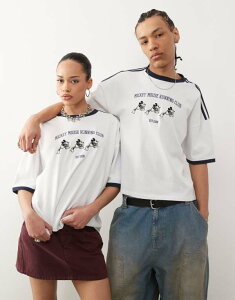 �G�C�\�X ���f�B�[�X �g�b�v�X T�V���c �h���b�v�V�����_�[ �V���c ASOS DESIGN Disney unisex boxy oversized drop shoulder T-shirt with Mickey Mouse embroidery and binding detail WHITE �z���C�g