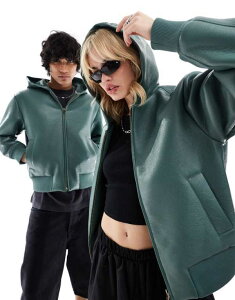 R[W fB[X AE^[ WPbgEu] U[ tFCNU[ WPbg COLLUSION Unisex bonded faux leather hooded bomber jacket in forest Green O[