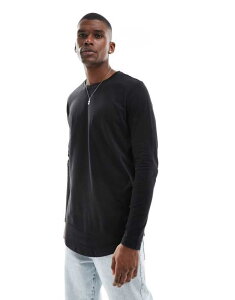 �W���b�N �A���h �W���[���Y �����Y �g�b�v�X T�V���c Jack & Jones Essentials longline long sleeve t-shirt with curve hem Black �u���b�N