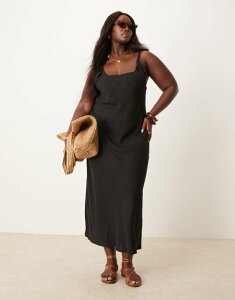 GC\X fB[X gbvX s[X }LVs[X l }LV ASOS Curve ASOS DESIGN Curve linen mix twist strap bias maxi dress Black ubN