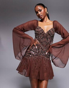 �G�C�\�X ���f�B�[�X �g�b�v�X �����s�[�X �~�j�����s�[�X �~�j ���[�X ASOS DESIGN fluted sleeve mini dress with placement embellishment in chocolate Chocolate �`���R���[�g