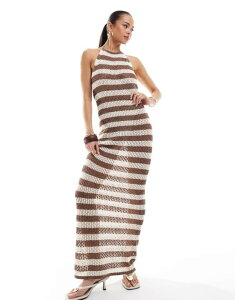 �t�H�[�X&���b�N���X ���f�B�[�X �g�b�v�X �����s�[�X �}�L�V �z���^�[ 4th & Reckless 4th?& Reckless crochet halterneck low back maxi beach dress stripe Brown �u���E��