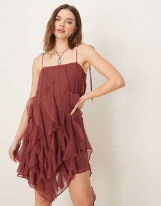 �G�C�\�X ���f�B�[�X �g�b�v�X �����s�[�X �~�j�����s�[�X �t���� �~�j ASOS DESIGN tie strap ruffle mini dress in chocolate CHOCOLATE BROWN �u���E��