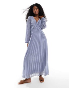 �G�C�\�X ���f�B�[�X �g�b�v�X �����s�[�X �~�f�B�����s�[�X �v���[�c �~�f�B ASOS DESIGN twist detail wrap front pleated midi dress in dusky Dusky Blue �u���[