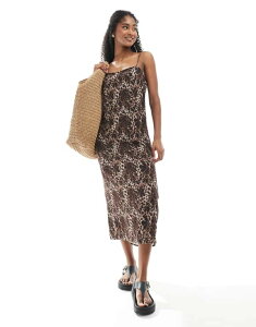 �����L ���f�B�[�X �g�b�v�X �����s�[�X �v�����g �T�e�� Monki satin midaxi slip dress in leopard print exclusive to ASOS Leopard print �A�j�}��