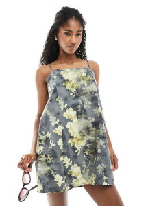 �����L ���f�B�[�X �g�b�v�X �����s�[�X �~�j�����s�[�X �v�����g �~�j �R�b�g�� Monki cotton poplin mini dress with tie straps in yellow print Yellow �C�G���[
