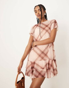 �G�C�\�X ���f�B�[�X �g�b�v�X �����s�[�X �~�j�����s�[�X �t���� �~�j ASOS DESIGN ruffle smock mini dress plaid Pink check �s���N