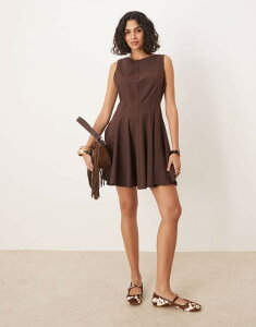�G�C�\�X ���f�B�[�X �g�b�v�X �����s�[�X �~�j�����s�[�X �~�j ���l�� ASOS DESIGN linen look slash neck seamed fit and flare mini dress in chocolate Chocolate �`���R���[�g