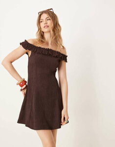 �G�C�\�X ���f�B�[�X �g�b�v�X �����s�[�X �~�j�����s�[�X �~�j ASOS DESIGN off the shoulder frill mini dress in chocolate Chocolate �`���R���[�g