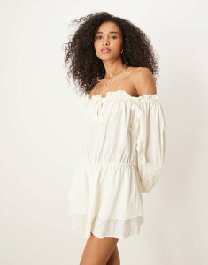 �G�C�\�X ���f�B�[�X �g�b�v�X �����s�[�X �~�j�����s�[�X �t���� �~�j �R�b�g�� ASOS DESIGN cotton off the shoulder ruffle mini dress in cream ecru �G�N����