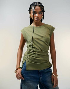 �G�C�\�X ���f�B�[�X �g�b�v�X �x�X�g ASOS DESIGN corset waist sharp shoulder tank top Khaki �J�[�L