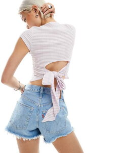 �~�X�Z���t�t���b�W ���f�B�[�X �g�b�v�X �V���c �M���K���`�F�b�N T�V���c �M���K�� Miss Selfridge tie back baby tee in gingham Lilac gingham ���C���b�N