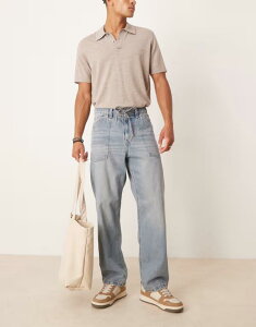 �G�C�\�X �����Y �{�g���X �f�j���p���c �W�[���Y ASOS DESIGN baggy jeans with drawstring in light wash blue with tint LIGHT WASH BLUE �u���[