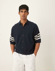 GC\X Y gbvX |Vc _E Z[^[ NAVY ASOS DESIGN oversized boxy fit airtex knit button down polo shirt with sporty sleeve strip...