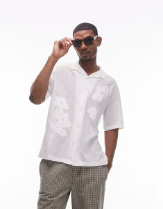 gbv} Y gbvX |Vc _E Z[^[ WHITE Topman oversized fit open knit floral patch button down polo shirt in white