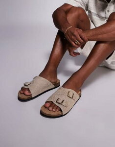GC\X Y V[Y T_ XG[h ASOS DESIGN slider sandals in stone hairy suede Stone Xg[