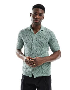 �I�����[�A���h�T���Y �����Y �g�b�v�X �V���c �j�b�g ONLY & SONS open knit shirt in sage Iceberg green �O���[��