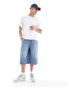 �G�C�\�X �����Y �{�g���X �n�[�t�p���c�E�V���[�c �f�j�� ASOS DESIGN longer length denim jorts in mid wash blue with cargo pocket details Mid wash blue �u���[