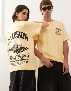 �R���[�W���� ���f�B�[�X �g�b�v�X T�V���c �v�����g �V���c COLLUSION Unisex t-shirt with ramp print in yellow�C�G���[