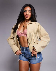 GC\X fB[X AE^[ WPbgEu] XG[h tW WPbg ASOS DESIGN double breasted real suede fringe jacket in buttermilk Buttermilk