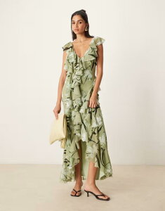 �G�C�\�X ���f�B�[�X �g�b�v�X �����s�[�X �I�[�v���o�b�N �}�L�V�����s�[�X �t�����[�� �v�����g �t���� �}�L�V �t�����[ ASOS DESIGN ruffle bias maxi dress with open back floral print Green floral �O���[��