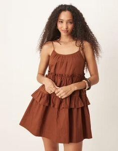 �G�C�\�X ���f�B�[�X �g�b�v�X �����s�[�X �e�B�A�[�h �~�j�����s�[�X �t���� �~�j ASOS DESIGN ruffle tiered mini dress in chocolate Chocolate �`���R���[�g