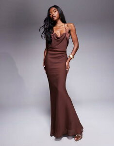 GC\X fB[X gbvX s[X VtH }LVs[X Te }LV ASOS DESIGN satin and chiffon mix cowl neck bias maxi dress in chocolate Chocolate `R[g