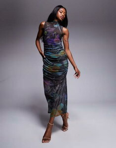 �G�C�\�X ���f�B�[�X �g�b�v�X �����s�[�X �h���[�v �v�����g �M���U�[ ���b�V�� ASOS DESIGN mesh grown on neck ruched drape dress in abstract print Print