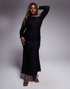 �G�C�\�X ���f�B�[�X �g�b�v�X �����s�[�X �J�b�g�A�E�g �}�L�V�����s�[�X �}�L�V ASOS Curve ASOS DESIGN Curve long sleeve textured fabric maxi dress with cut out and tie details Black �u���b�N