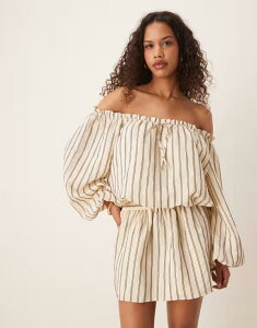 �G�C�\�X ���f�B�[�X �g�b�v�X �����s�[�X �~�j�����s�[�X �~�j �R�b�g�� ASOS DESIGN cotton boho off the shoulder mini dress in buttermilk stripes Buttermilk stripe �X�g���C�v