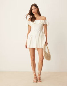 �G�C�\�X ���f�B�[�X �g�b�v�X �����s�[�X �~�j�����s�[�X �~�j �R�b�g�� ASOS DESIGN cotton bardot seam detail mini dress Ivory �A�C�{���[