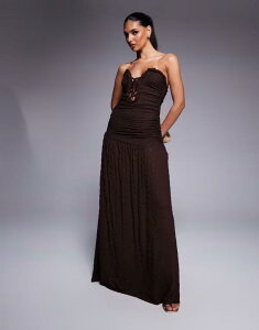 �G�C�\�X ���f�B�[�X �g�b�v�X �����s�[�X �}�L�V�����s�[�X ���[�X �}�L�V ASOS DESIGN textured bandeau maxi dress with curved trim and lace up detail in chocolate Chocolate �`���R���[�g