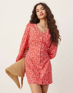 �O���}���X ���f�B�[�X �g�b�v�X �����s�[�X �t�����[�� �t�����[ Glamorous long sleeve button up tea dress ditsy floral Red ditsy floral ���b�h