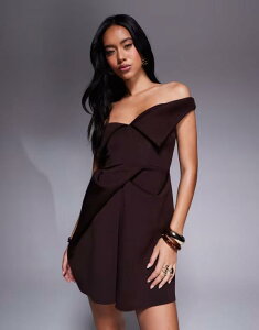�G�C�\�X ���f�B�[�X �g�b�v�X �����s�[�X �~�j�����s�[�X �~�j �X�L���[�o �X�J�[�g ASOS DESIGN scuba manipulated fold over bandeau mini dress with boxy pleat skirt in chocolate Chocolate �`���R���[�g