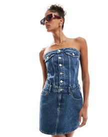 ドクターデニム レディース トップス ワンピース ミニワンピース ミニ Dr Denim Carlisle denim bandeau mini dress with button front in midwash Midwash blue ブルー