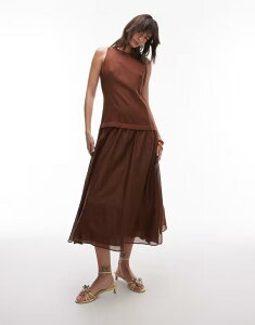 �}���S ���f�B�[�X �g�b�v�X �����s�[�X �}�L�V�����s�[�X �V�A�[ ���l�� �}�L�V Mango linen mix dropped waist maxi dress with sheer hem in chocolate Chocolate �`���R���[�g