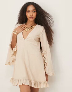 �G�C�\�X ���f�B�[�X �g�b�v�X �����s�[�X �~�j�����s�[�X �~�j �R�b�g�� ASOS DESIGN cotton frill hem smock mini dress in ecru Cream �N���[��