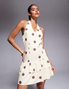 yz GC\X fB[X s[X gbvX ASOS DESIGN halter ruffle skirt mini dress in neutral polka dot Polka