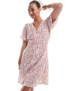�I�����[ ���f�B�[�X �g�b�v�X �����s�[�X V�l�b�N �~�j�����s�[�X �v�����g �~�j ONLY v neck tie waist mini dress ditsy print Cloud Dancer ���b�h