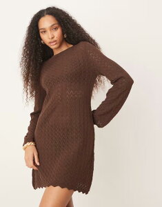 �G�C�\�X ���f�B�[�X �g�b�v�X �����s�[�X �~�j�����s�[�X �~�j �j�b�g ASOS DESIGN knit mini dress with flared sleeve Brown �u���E��