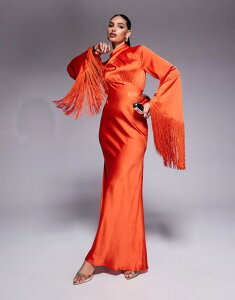 GC\X fB[X gbvX s[X }LVs[X h[v Te }LV tW ASOS DESIGN draped neck satin bias maxi dress with fringe sleeve detail RED bh