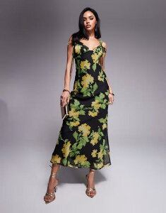 GC\X fB[X gbvX s[X ^CfBe[ }LVs[X t[ vg }LV t[ ASOS DESIGN tie detail corset bias maxi dress with frills based floral print BLACK BASED FLORAL u