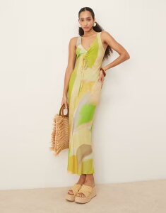 �G�C�\�X ���f�B�[�X �g�b�v�X �����s�[�X V�l�b�N �~�f�B�����s�[�X �M���U�[ �~�f�B ASOS DESIGN v neck ruched tie front midi dress blur GREEN BLUR PRINT �O���[��