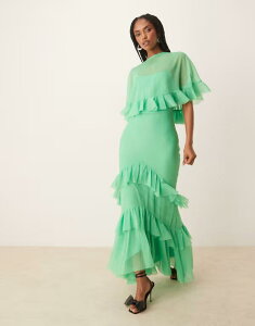 GC\X fB[X gbvX s[X P[vfUC }LVs[X t I[o[C Lbv P[v }LV ASOS DESIGN cape overlay ruffle bias maxi dress in bright Bright green O[