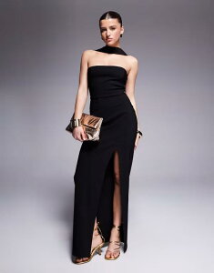 �x�X�p�[ ���f�B�[�X �g�b�v�X �����s�[�X �}�L�V�����s�[�X �}�L�V Vesper bengaline choker neck detail bandeau side split maxi dress Black �u���b�N
