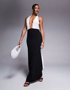 �G�C�\�X ���f�B�[�X �g�b�v�X �����s�[�X �}�L�V�����s�[�X �h���[�v �}�L�V �z���^�[ ASOS DESIGN cross over halter neck maxi dress with drape detail and Black & White �z���C�g